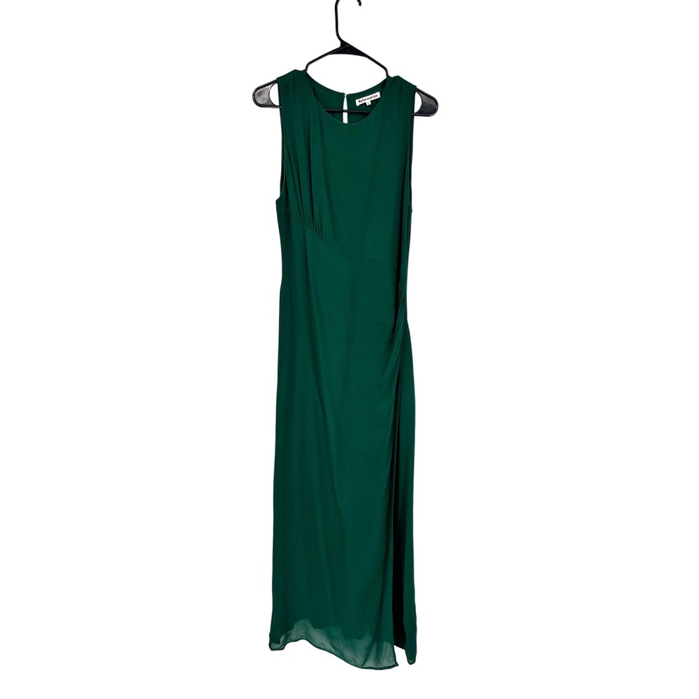 Reformation Midi Dress Ledger 6 Green Sleeveless Ruched Cocktail Slit Elegant